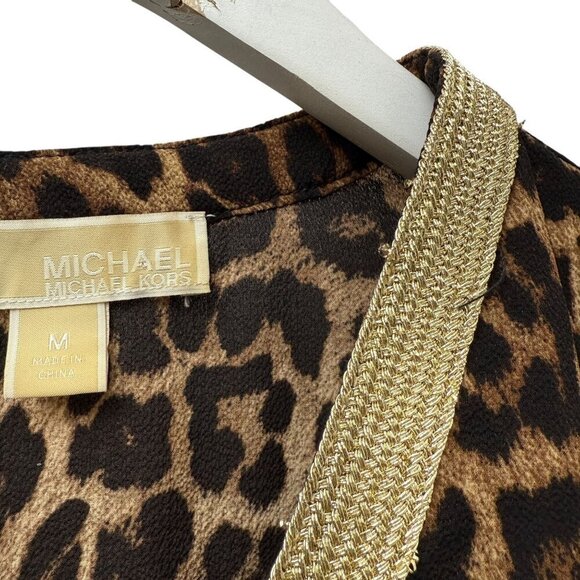 MICHAEL Michael Kors Leopard Print Top Medium Gold Metallic Trim Tunic Blouse - Picture 6 of 11
